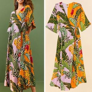 Farm Rio Mixed Striped Bananas Maxi Wrap Dress, Size S